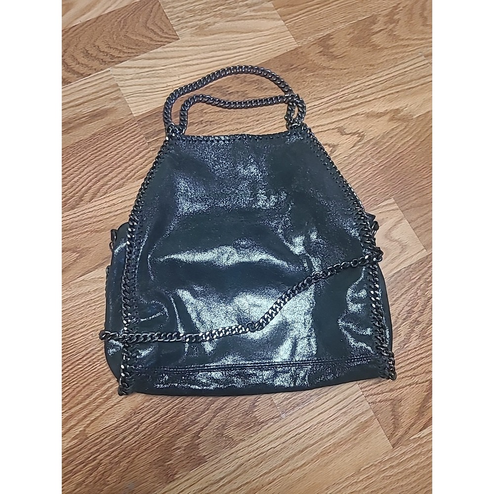 Vera Pelle Black Leather Silver Chained Whipstitch Envelope Handbag Shoulder Bag